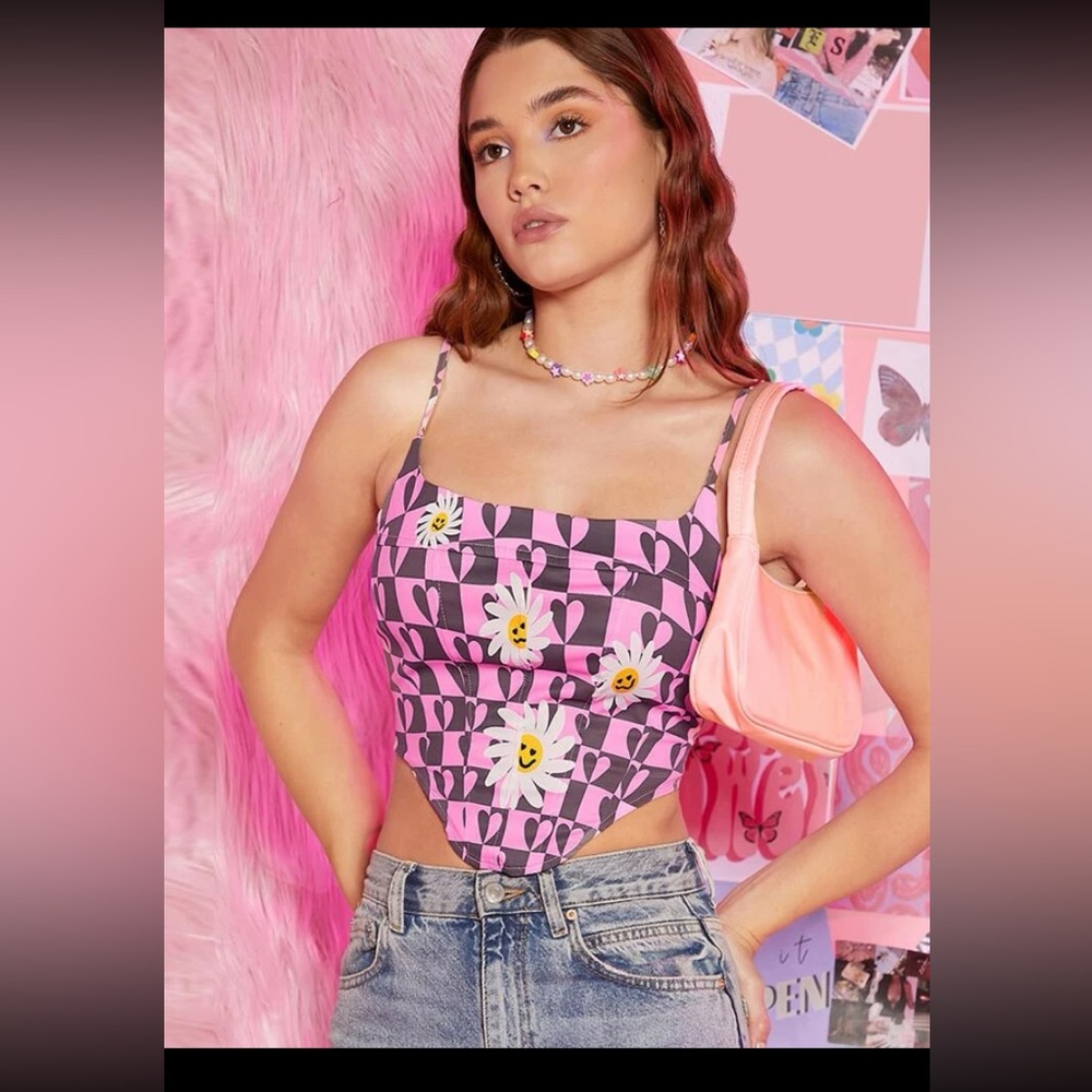 Heart & Daisy checkered bandana hem lace up back crop top cami.